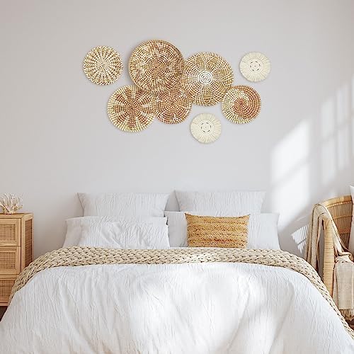 Xuhal 8 Pcs Boho Wall Basket Decor Decorative Bulrush Woven Basket Wall Decor Rustic Farmhouse Hanging Baskets for Kitchen Rustic Home Summer Decorations(Classic) - Image 6