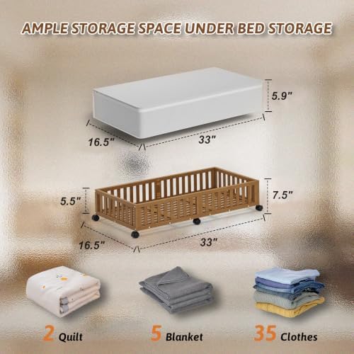 2 Pack Large Bamboo Under Bed Storage Containers with Wheels, Brown - Image 6