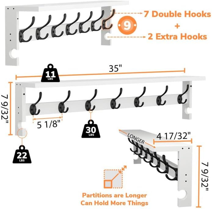 AMBIRD Coat Rack Wall Mount, 35 Inch Large Coat Hooks Wall Mounted with 7 Dual Metal Hooks and 2 Side Hooks, Wall Hooks with Shelf in Entryway, Kitchen, Living Room, Bathroom, Bedroom (White) - Image 3