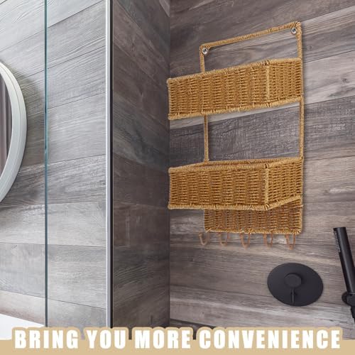 Cabilock Wall-Mounted Storage Rack 2-Tier Woven Basket Hanging Organizer with 5 Hooks for Kitchen Bathroom Entryway Fruit Vegetable Storage 16.73X10.03X5.11 Inches - Image 3