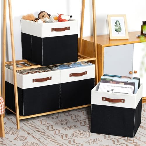 DULLEMELO Fabric Storage Bins for Shelves, Cube Storage Organizer Bins with PU Handles, Set of 4 Decorative Collapsible Storage Bins for Cube Storage,White&Black - Image 4