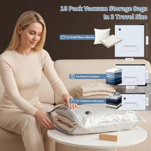 Travel Vacuum Seal Bags for Clothing,Vacuum Storage Bags with Rechargeable Pump,18 Pack Space Saver Compression for Clothes,Blankets,Bedding,Suitcase Luggage Seasonal Storage - Image 2