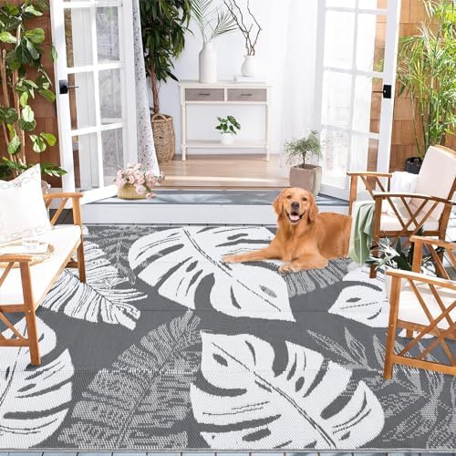 Waterproof 8x10 Outdoor Rug for Patio Reversible Plastic Straw Rug Tropical Camping Carpet with Carry Bag, Stain & UV Resistant Portable RV Carpet for Camper Deck Balcony Porch Beach Picnic,Grey - Image 3