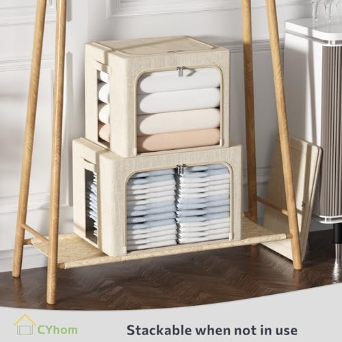 CYhom 3Pack Foldable Storage Bins - Frame Storage Box Linen Fabric Stackable Clothes Container Organizer with Clear Window & Carry Handles Large Capacity (Medium-36L, Beige) - Image 6