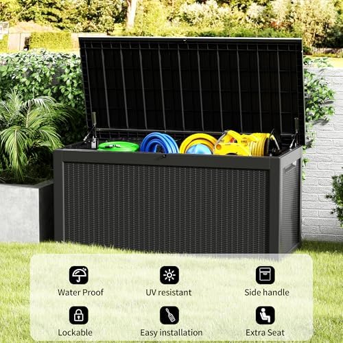 325 Gallon Outdoor Deck Box, Lockable Waterproof Outdoor Storage Boxes For Garden Tools,Indoor Cushions,Accessories Outside Storage Resin Weatherproof Container, Black - Image 6