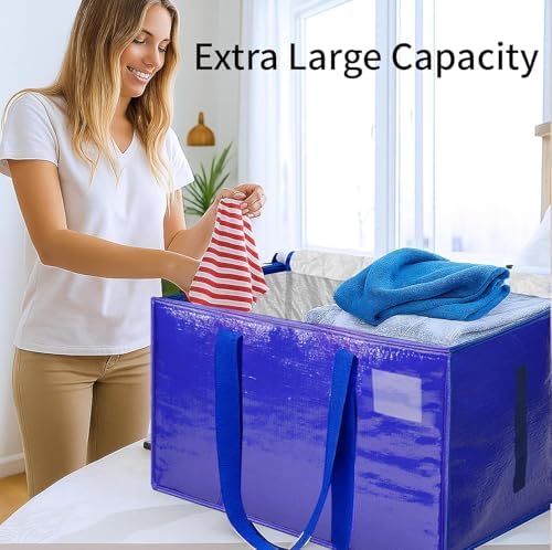 16 Pack-Extra Large Heavy Duty Moving Bags - Waterproof Storage Totes with Handles & Zippers, Foldable for College Dorm, Storage (Blue) - Image 4