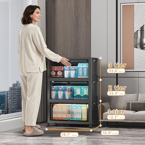 UAMFURI Stackable Storage Bins with Lids & Wheels & Door, Foldable Collapsible Closet Organizers, Extra Large Plastic Storage Drawers for Bedroom Dorm Office Garage (Dark-52qt, 3Pack with 1 top lid) - Image 2