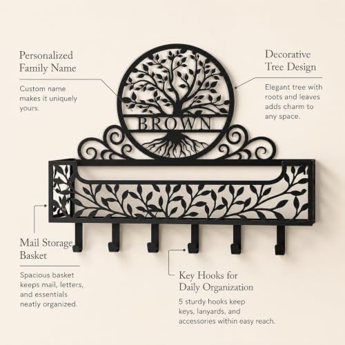Personalized Metal Tree of Life Family Name Key and Mail Holder, Wall Mount Entryway Organizer with Hooks, Custom Key Rack for Kitchen, Bathroom, and Home Storage - Image 4
