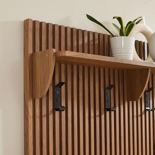 Modway Render Modern Fluted Wood Coat Rack Panel in Walnut with Shelf and Hooks – Wall-Mounted Entryway Organizer for Hallway, Mudroom, or Foyer - Image 5