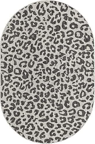 Unique Loom Outdoor Safari Collection Area Rug - Leopard (5' 3" x 8' Oval, Light Gray/ Gray) - Image 3