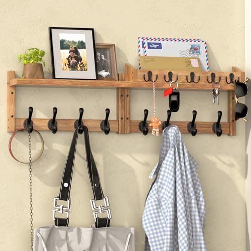35'' Brown Coat Rack Wall Mount with Shelf, Solid Wood Coat and Key Hanger with 13 Metal Hooks, Farmhouse Wall Organizer for Mail, Entryway Wall Hangers for Hats, Clothes, Backpacks, Mudroom by Unknown