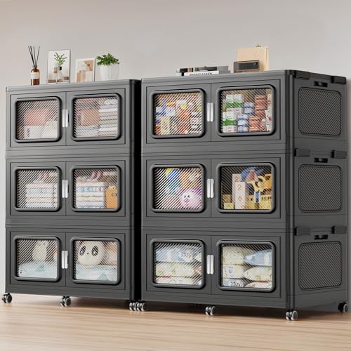 BROVIEW 450Gal Storage Bins, 1800Qt Extra Large Stackable Storage Box with Lids & Wheels - Heavy Duty Collapsible Plastic Cabinets, Open Front Door for Sundries in Home & Office, Black 6 Pack by BROVIEW-EnjoytheArtofLife