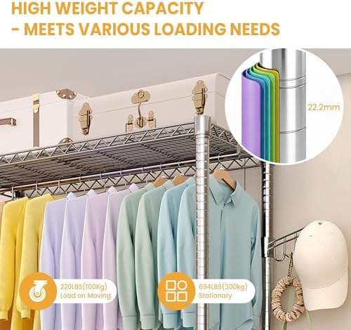 Metal Rolling Clothes Rack 695LBS Wardrobe Rack with Wheels Chrome - Image 4