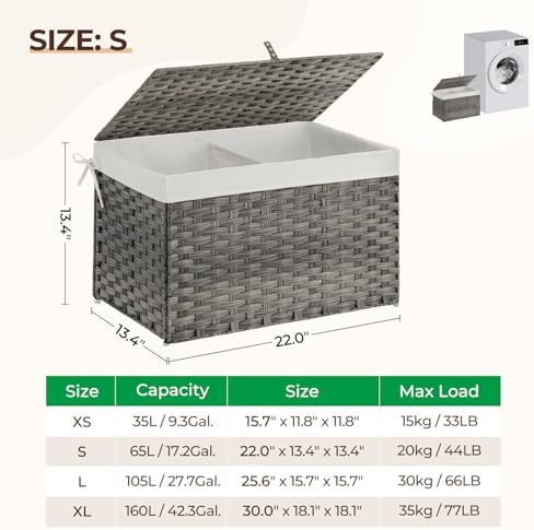 GREENSTELL Storage Basket with Lid, 17.2 Gallon(65L) Small Wicker Blanket Storage Basket with Handles, Foldable, 2 Removable Liner Bags, Metal Frame, for Bedroom, Laundry Room, Grey, 22.2"*13.4"*13.4" - Image 5