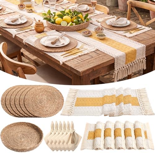 6 Sets Boho Placemat Table Runner Napkin Rings, Yellow, 12x72 by Gandeer