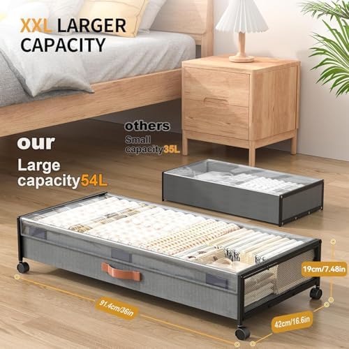 Under Bed Storage Containers with Wheels Large Underbed Shoes Blankets Clothes Toy Storage Drawers for College Dorms Bedrooms Nursery Rooms Organization (Grey 2 Pack, 7.5in height(36"x16.6"x7.48")) - Image 2