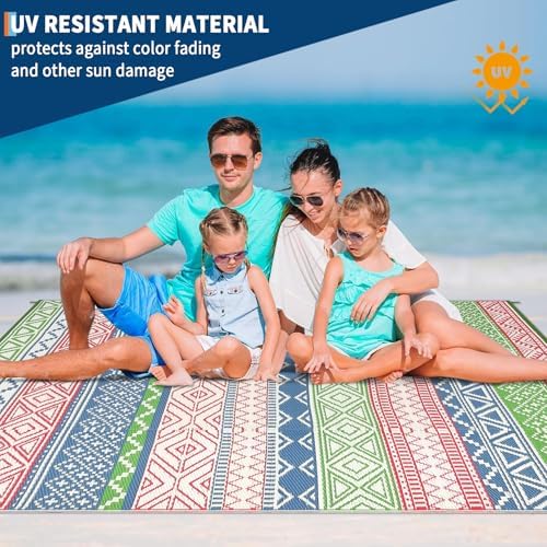 Outdoor Plastic Straw Rug 10x14 Large Patio Rug Vintage Boho Floor Mat Waterproof Rugs for Patio Reversible Outdoor Rugs for RV Beach Porch Camping Backyard Deck Picnic, Green Blue - Image 5