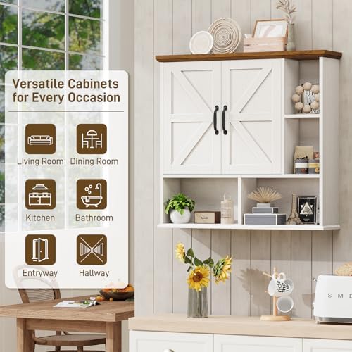 Bathroom Wall Cabinet, Farmhouse Medicine Cabinet with Doors, White & Brown - Image 5
