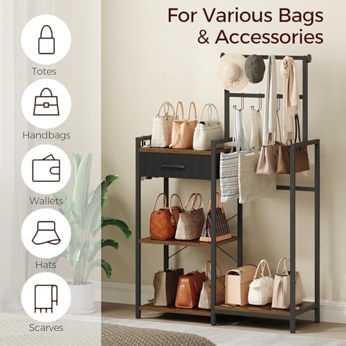 MAHANCRIS 3-Tier Tall Purse Organizer Rack with 11 Hooks & Pull-Out Drawer - Image 4