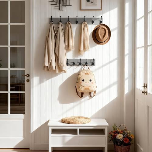 WEBI Rustic Coat Rack Wall Mount,30" Long 7 Cast Iron Coat Hooks Wall Mounted,Heavy Duty Wood Wall Coat Hanger Hooks for Hanging Coats,Jacket,Clothes,Backpack,Farmhouse,Gray,2 Packs - Image 4