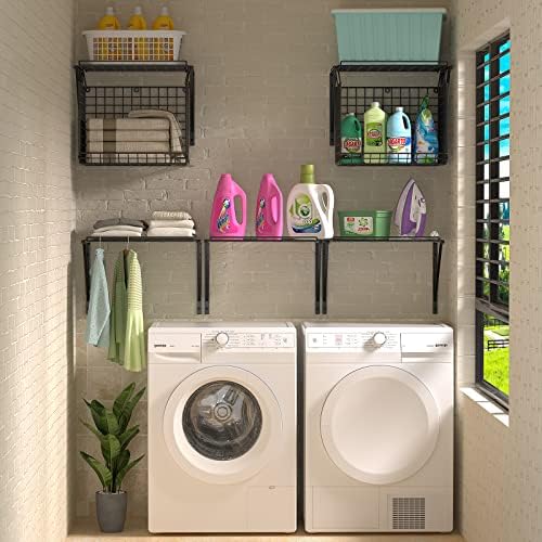 3IngSeagulls 2 Pack Laundry Room Shelves, Wire Baskets with 8 Hooks, Over Washer and Dryer Shelf, Wall Mounted Storage and Clothes Drying Rack, Black - Image 5