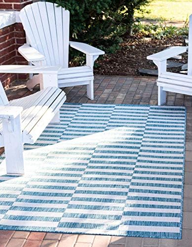 Unique Loom Outdoor Striped Collection Area Rug - Striped (4' 1" x 6' 1" Rectangle, Light Aqua/Ivory) by UniqueLoom