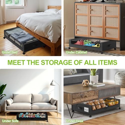 Molutsody Under Bed Storage with Wheels, 4-Pack Underbed Storage Containers with Clear Lids, Under Bed Shoe Storage Organizer, Rolling Under Bed Storage for Clothes Shoes Blankets (Black) - Image 5