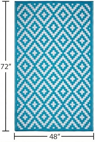 FH Home Outdoor Rug - Waterproof, Fade Resistant, Reversible - Premium Recycled Plastic - Geometric - Patio, Deck, Porch, Balcony, Laundry Room - Aztec - Teal & White Crease Free - 4 x 6 ft - Image 2