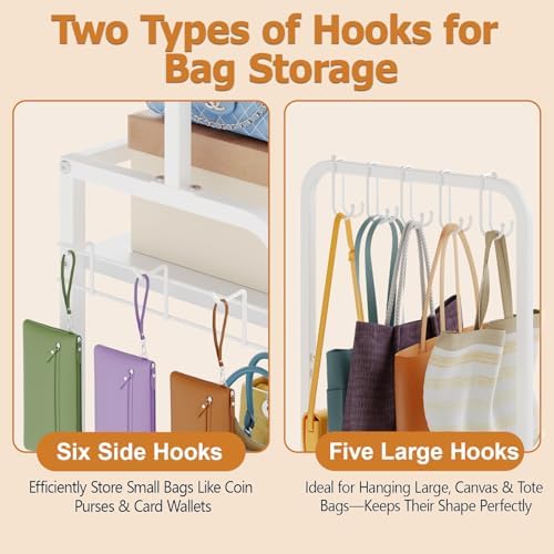 Tall Purse Organizer for Closet with 5 Purse Hanger & 6 Side Hooks, 4 Tier - Image 6