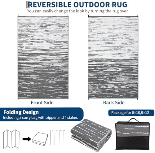 Outdoor Rug 8x10 Waterproof Patio Rugs Abstarct Line Reversible Mat for Front Door Rv Foldable Plastic Straw Carpet for Travel Trailers, Deck, Picnic, Porch, Camper, Balcony, Beach，Grey - Image 5
