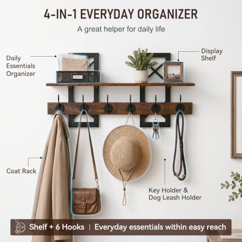 33.86" Wall Mounted Coat Rack with Shelf, Heavy Duty Entryway Wall Organizer with 6 Dual Hooks and Key Holder, Rustic Wood Coat Hanger for Coats, Bags, Hats, Hallway, Mudroom, Bathroom (Brown) - Image 3