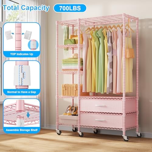 Ulif F3R Heavy Duty Clothes Rack（With Lockable Wheels）Freestanding Clothing Racks for Hanging Clothes，Adjustable Closet Organizer System，Portable Garment Rack 40"W x 15"D x 74"H，Max Load 700LBS，Pink - Image 5