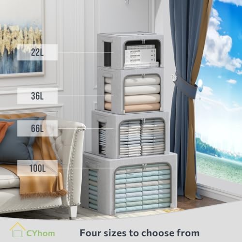 CYhom 4 Pack Clothes Storage Bins with Metal Frame - Linen Fabric Foldable Stackable Container Organizer Set with Clear Window & Carry Handles & Zippers (Light Grey, 23.6"x16.5"x15.7") - Image 4