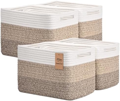 Storage Baskets for Organizing, 4 Pack Baskets for Shelves, Decorative Storage Bins for Shelves, Cotton Rope Storage Basket with Handles, Woven Basket for Storage, 13''Lx8.7''Wx7.9''H, Gradient Brown by Degeyoyo