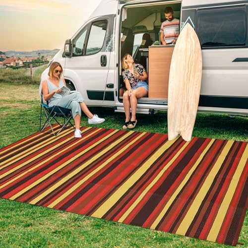 Garvee 9x18 Outdoor Rug Geometric Striped Plastic Straw Carpet Red Tone - Image 3