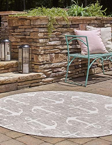 Unique Loom Outdoor Coastal Collection Area Rug - Ahoy (3' 3" Round, Gray/Ivory) - Image 4