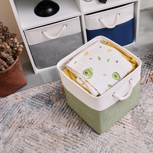Fabric Storage Cubes 13 x 13, Collapsible Storage Bins for Shelf Baskets, Cube Storage Organizer White Green Bins with Cotton Handles, Foldable Storage Bin box, Cube Storage Bin 6 Pack - Image 3