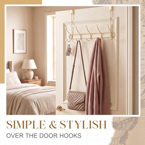 Gold over the Door Towel Hooks with Crystal Knobs, 10 Hook Heavy Duty Doors Hanger Rack for Bathroom, No Drill Slim over Door Organizer for Bedroom Closet, Holds Coat Towels Robes Bags Purse - Image 3
