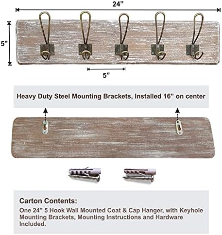 Coat Rack Wall Mount, Reclaimed Wood, 24 Inch, 5 Bronze Hooks, Whitewash - Image 6