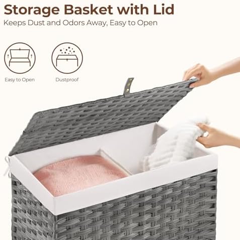 GREENSTELL Storage Basket with Lid, 27.7 Gallon(105L) Lagre Wicker Blanket Storage Basket with Handles, Foldable, 2 Removable Liner Bags, Metal Frame, for Bedroom, Laundry Room, Grey,25.6"*15.7"*15.7" - Image 4