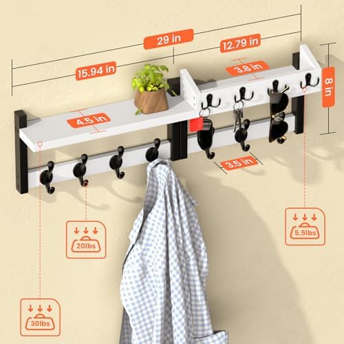 29'' White Coat Rack Wall Mount with Shelf, Solid Wood Coat and Key Hanger with 11 Metal Hooks, Farmhouse Wall Organizer for Mail, Entryway Wall Hangers for Hats, Clothes, Backpacks, Mudroom - Image 4