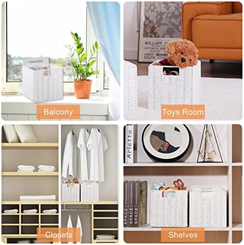 Vagusicc Wicker Storage Basket, Set of 2 Hand-Woven Wicker Baskets for Organizing, Foldable Cube Storage Basket Bins, 13 Inch Large Wicker Storage Baskets for Shelves & Decor, White (13''x13''x13'') - Image 6