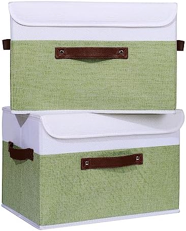 ANMINY Fabric Storage Box Bins with Lids, Green White, 15"x10"x10", 4 Pack - Image 2
