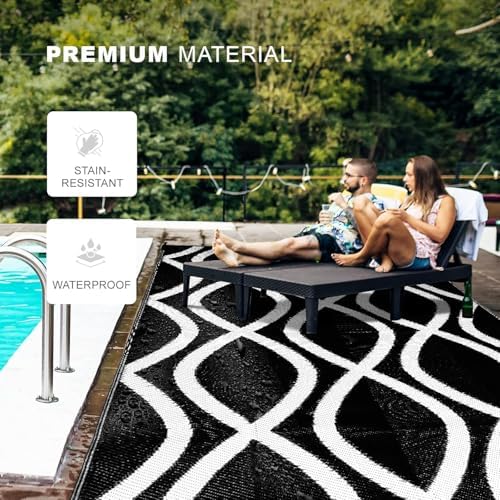 wikiwiki Outdoor Rug, 9x12ft Waterproof Reversible Mat Indoor Outdoor Rugs Carpet, Small Area Rug Plastic Straw Rug for Patio Deck Balcony Pool RV Camping Beach Picnic, Black & White, Rugscape Series - Image 4