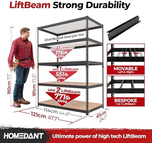 HOMEDANT Black 47.7" Deep 5 Tier Storage Shelves Garage Shelving Unit Metal - Image 2