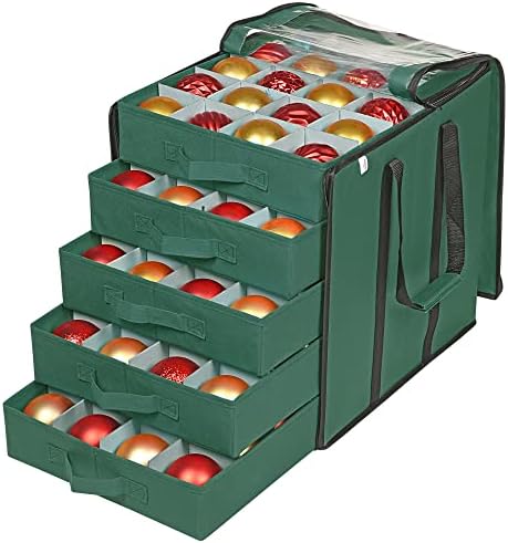 ProPik Christmas Ornament Storage Boxes with Dividers - 5 Separate Trays - Ornament Holder - Keeps 100 Holiday Ornaments - Durable Carrying Bag Handles Organizer Storage Box (Green) by ProPik