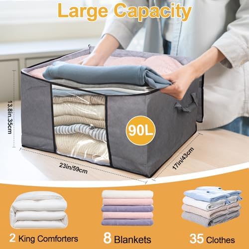 10 Pack Clothes Storage Bags, 90L Large Blanket Storage Bag Comforter Storage Bin with Reinforced Handle and Lid Foldable Closet Organizer and Storage Containers for Bedding Pillows Sheets and Duvet - Image 2
