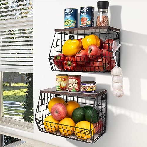 Mefirt Fruit Bowl, Stackable Wall Mounted Fruit Basket of Smooth Wood Lid with 4 Banana Hanger Hooks, Metal Kitchen Counter Organizer for Snack, Fruit and Vegetable Storage, 11.8 * 7.9 * 8.5 Inches by Mefirt