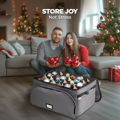 HOLDN’ STORAGE Premium Christmas Ornament Storage Box – Holds up to 72 4” Ornaments, Durable 600D Fabric, Adjustable Dividers, 3 Removable Trays – Metal Frame – Gray - Image 3
