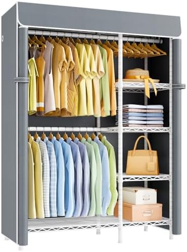 ULIFHOME F2C Clothes Rack with Cover, White Closet with Gray Cover by UlifHome